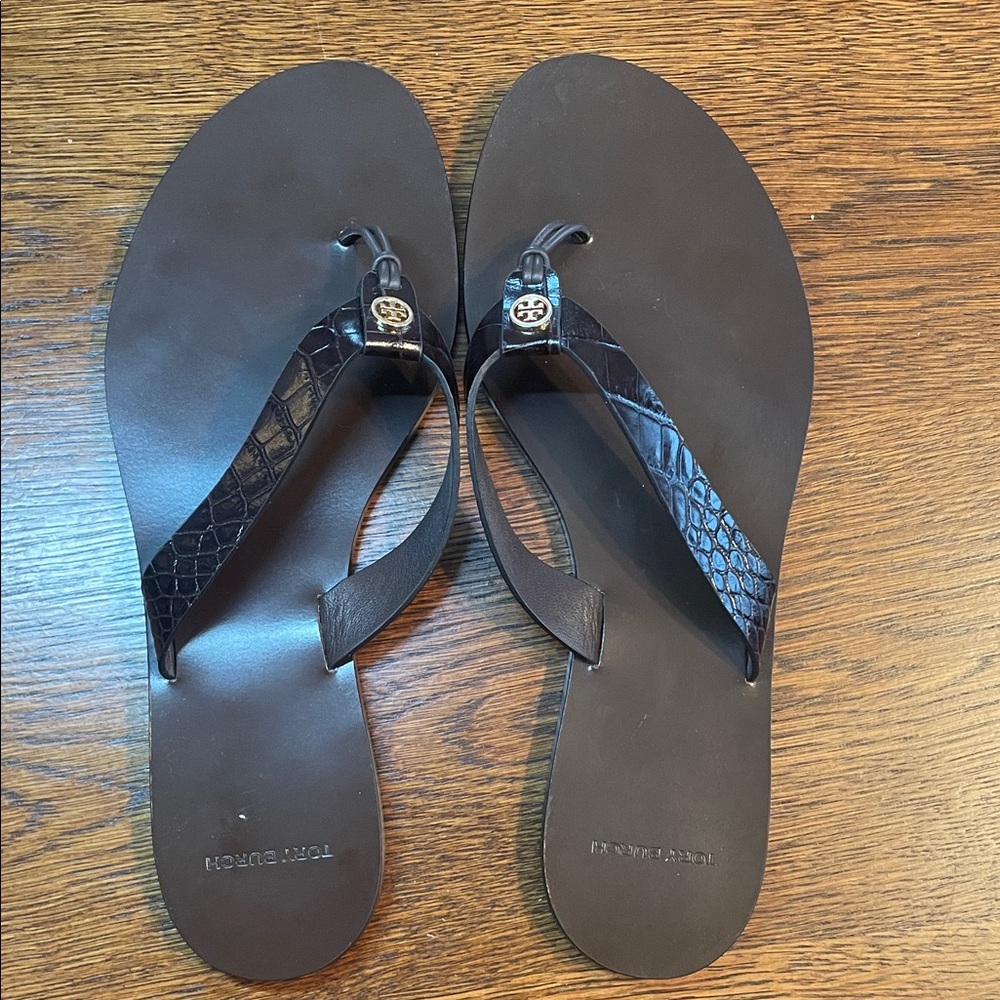 Tory Burch Dark Brown Croc-Embossed Sandals